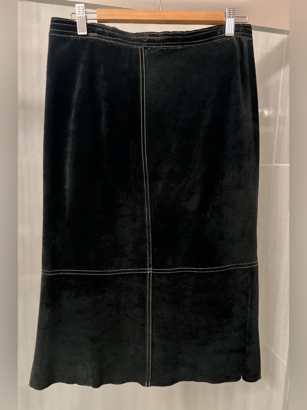 Anonymous John Carlisle 100% Leather Suede Midi Skirt Black Contrast Stitching S
